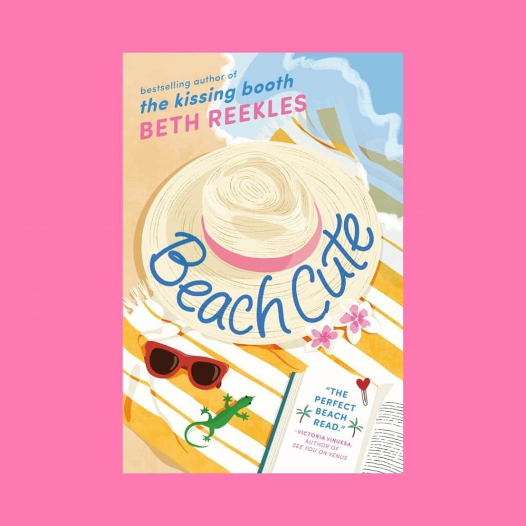 Colorful book cover titled Beach Cute by Beth Reekles features a straw hat, sunglasses, starfish, green lizard, flowers, an open book, and a beach towel on sandy beach—perfect for fans of books like TSITP.
