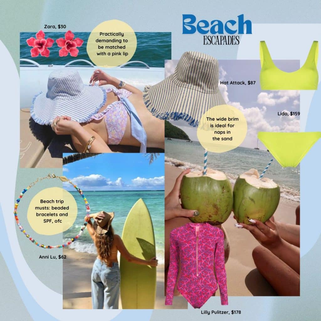 A collage of beach vacation essentials forms the ultimate summer packing list: striped sun hats, lime green bikini, beaded bracelets, two women holding coconuts, a surfer with a board, and tropical flowers paired with prices and playful captions.