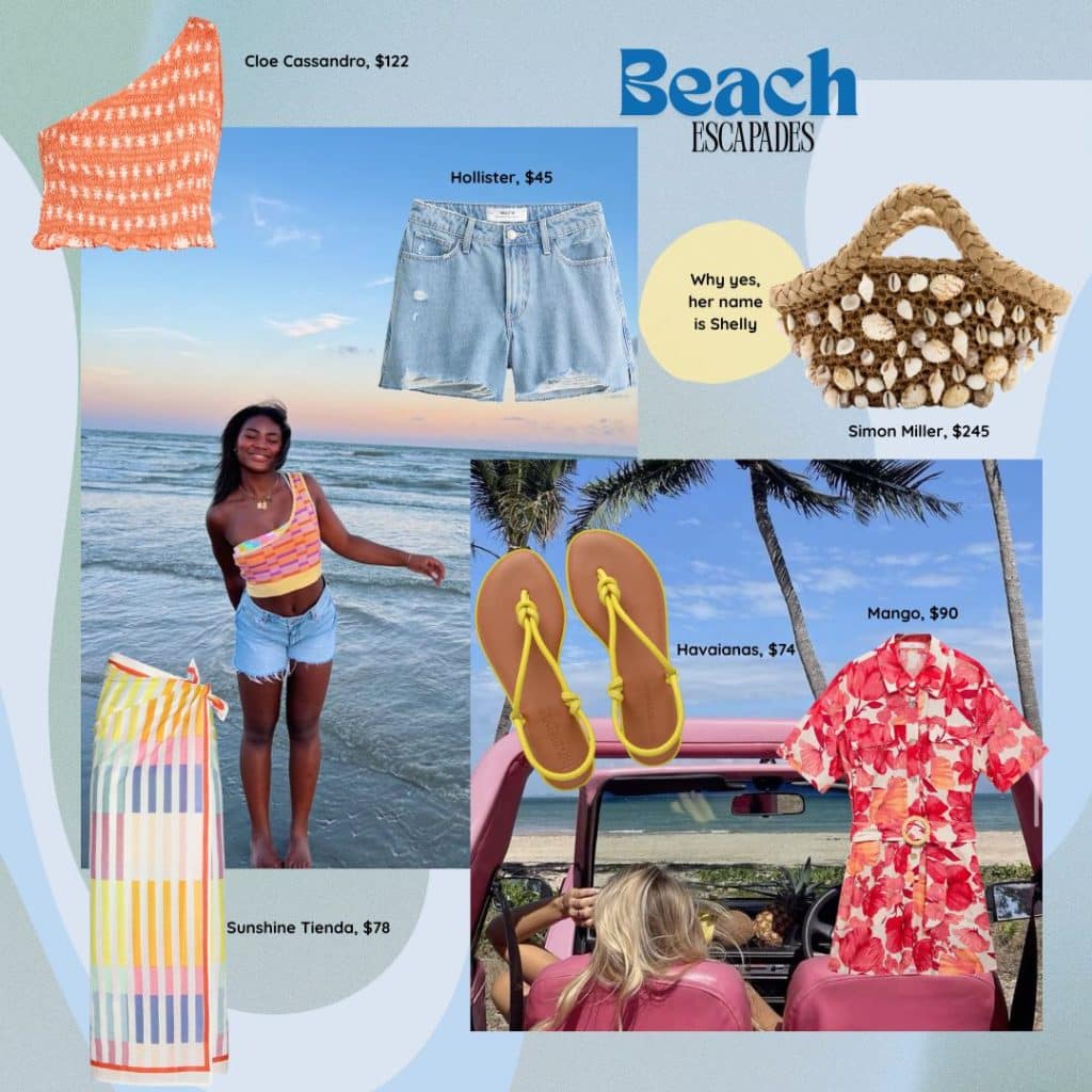 A collage titled Beach Escapades features beachwear essentials from a summer packing list: an orange patterned bikini top, striped wrap skirt, denim shorts, shell handbag, yellow sandals, and a red floral dress—plus photos of beach fun and a pink car ride.