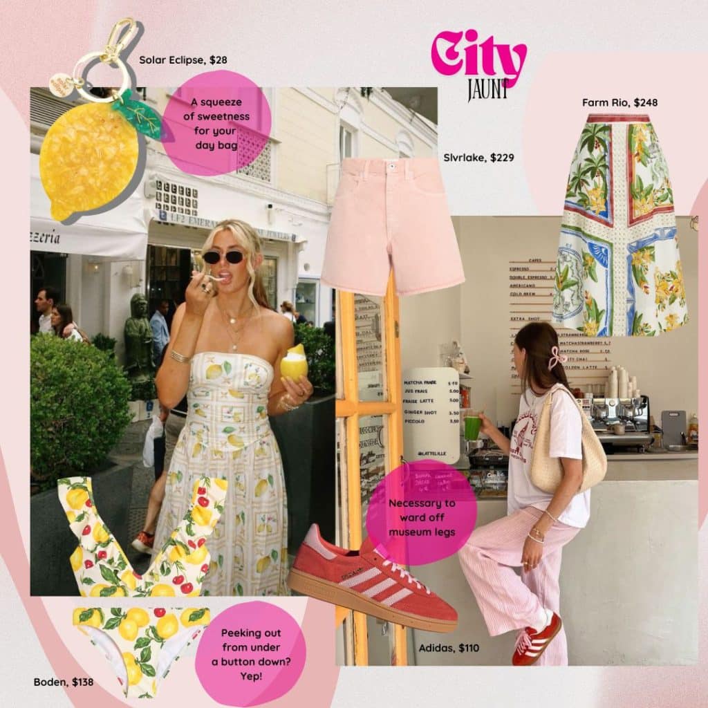 A collage featuring essentials from a summer packing list: a woman in a lemon-print dress enjoying gelato, pink shorts, a lemon keychain, sneakers, a patterned swimsuit, colorful scarf panels, and another woman in pink jeans and a white top on a bench.
