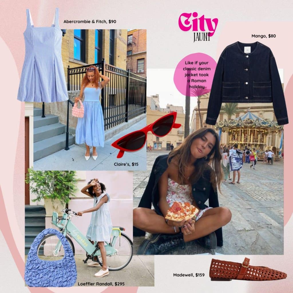 Collage showing women’s summer outfits and accessories—perfect for your summer packing list—including a blue gingham dress, white sundress, light blue midi dress, red sunglasses, purple bag, black jacket, woven brown flats, and a woman eating pizza outdoors.