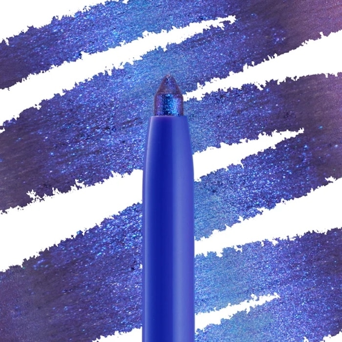 A close-up of a shimmery blue-purple eyeliner pencil with its tip exposed, set against a background of blue and purple scribbles with white streaks—perfect for adding bright colors to any colorful fashion look.