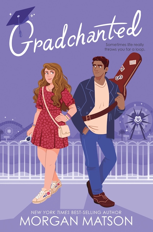 Illustrated book cover for Gradchanted by Morgan Matson features a young woman in a red dress and a young man with a guitar case, perfect for summer reads, standing side by side before a theme park with a Ferris wheel in the background.