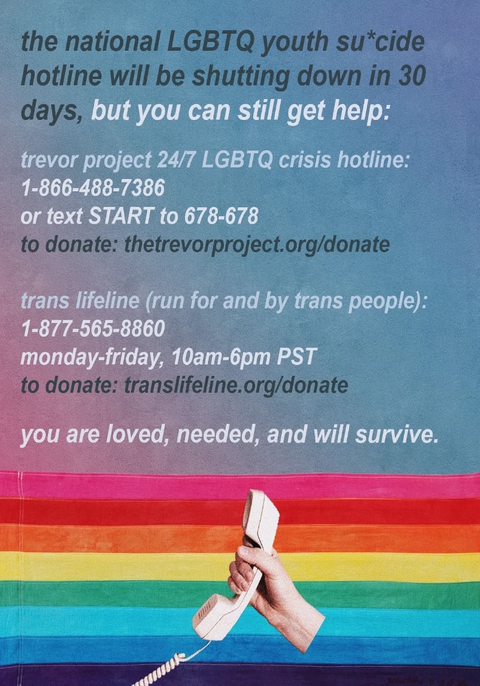 A colorful poster displays LGBTQ+ crisis support hotlines for youth, including The Trevor Project and Trans Lifeline, over a rainbow background. A hand holds a phone receiver, emphasizing that help is available and you will survive.