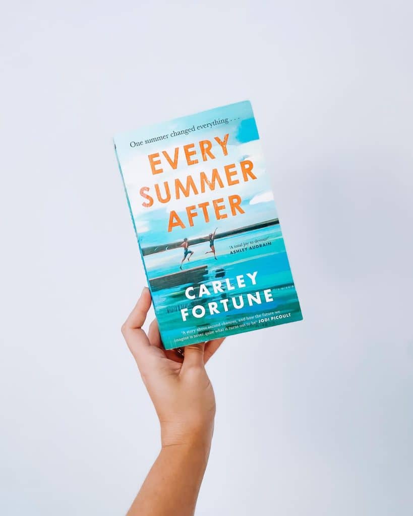 A hand holds the book Every Summer After by Carley Fortune against a plain white background. Perfect for fans searching for similar books or books like TSITP, its cover features an illustration of two people swimming in a blue lake.