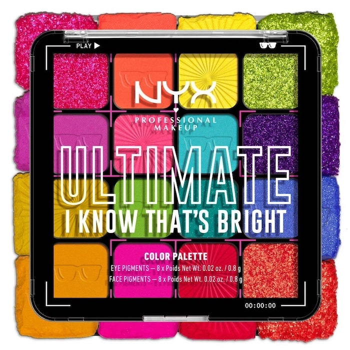 NYX Professional Makeup Ultimate I Know Thats Bright color palette features 16 brights and bold fashion shades for eyes and face. Experience vibrant colors in neon hues, all displayed in a sleek square compact case.