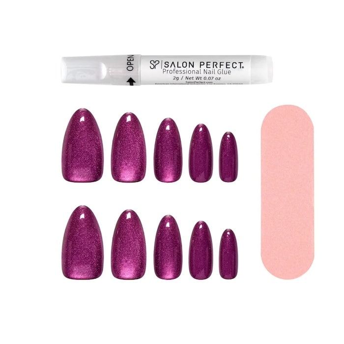 A set of ten sparkly purple press-on nails in various sizes, a tube of Salon Perfect professional nail glue, and a peach-colored nail file—everything you need for the ultimate summer manicure arranged on a white background.