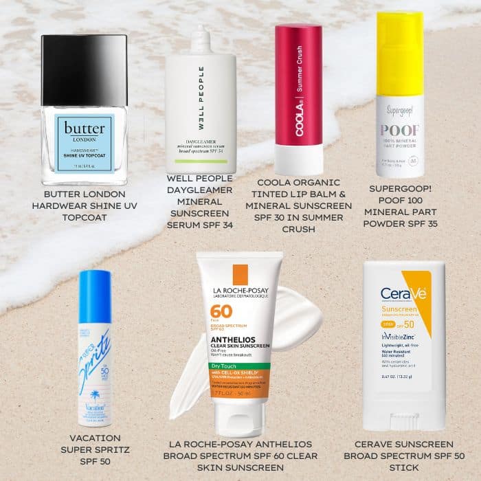 Eight sunscreen and sun protection products are displayed on sand by the ocean, each labeled with its brand and description. These sprays, sticks, balms, and creams from top skincare brands help shield your skin from sunburn while you enjoy the beach.