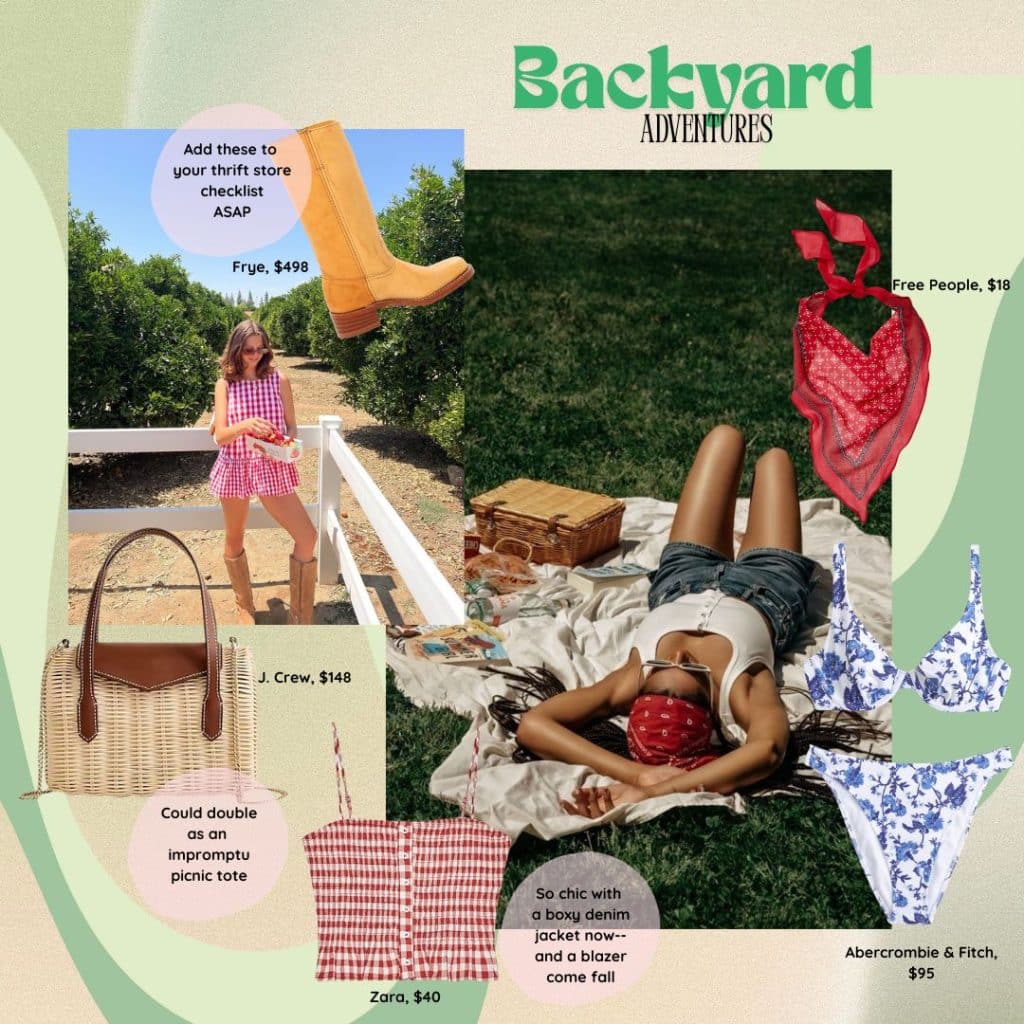 A collage of summer fashion items—a perfect summer packing list: tan boots, straw tote bag, red bandana top, and gingham dress. In the center, a woman lounges on grass in a bikini and patterned shorts, wearing a sun hat.