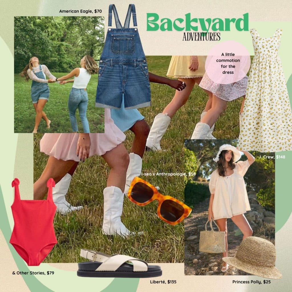 Collage of summer fashion items and outfits—women in dresses and boots, denim overall, red swimsuit, sunglasses, black sandals, plus a hat and loose top—labeled with store names and prices. Text: Backyard Adventures summer packing list.