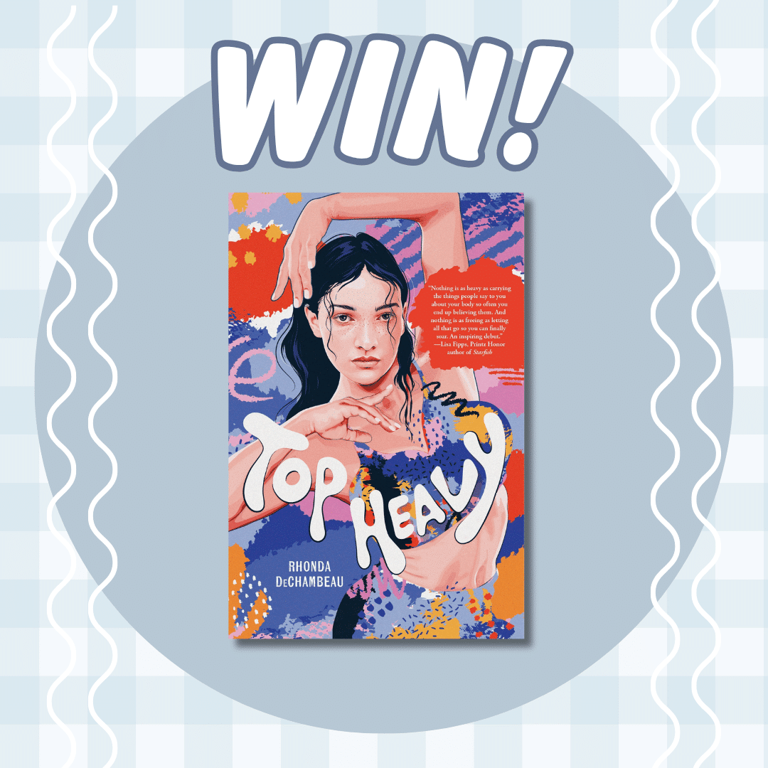 A colorful giveaway graphic with the word WIN! above the book Top Heavy by Rhonda DeChambeau, featuring an illustrated woman on the vibrant book cover. Wavy lines and a plaid background frame the image.