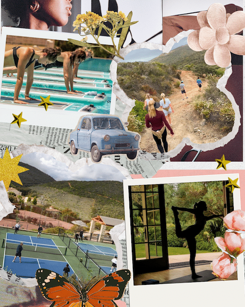 A collage featuring swimmers at a pool, people hiking on a trail, tennis players on outdoor courts, and a dancer in silhouette indoors evokes the spirit to relax and refresh—like a vibrant retreat at Cal-a-Vie Health Spa—with flowers, stars, car art and butterfly accents.
