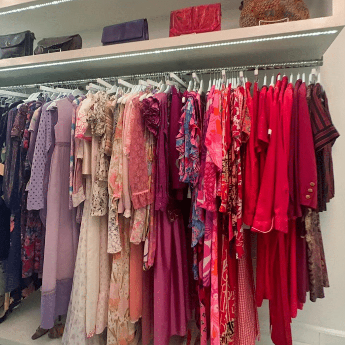 A clothing rack displays dresses and tops in shades of purple, pink, and red. Shelves above hold various handbags in coordinating colors, and the store has bright, modern lighting.