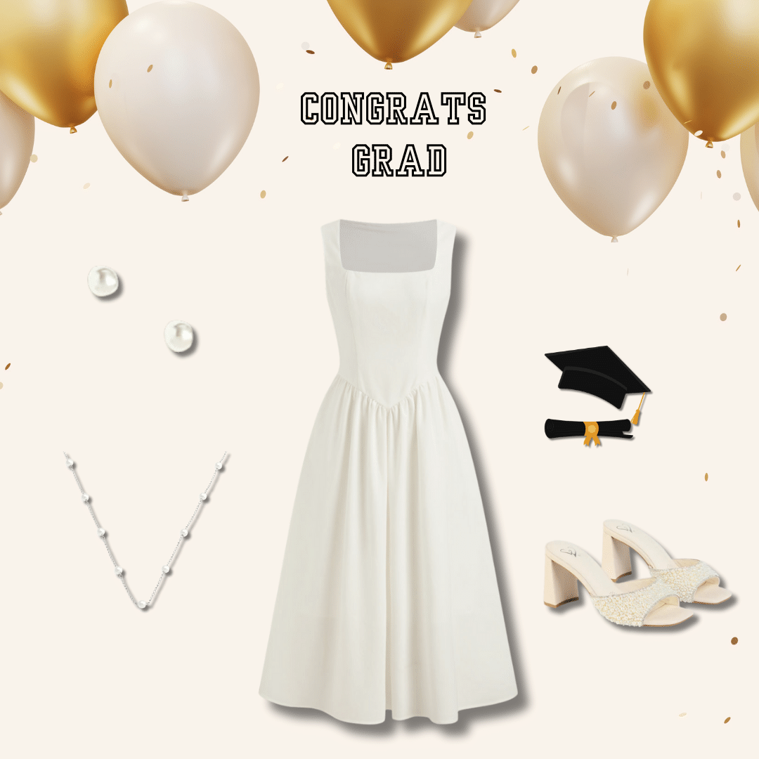 Square neck fit and flare elegant midi dress for graduation paired with a silver pearl necklace, pearl earrings and neutral heels with pearl accents.