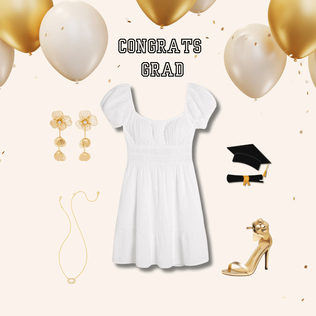 White floral eyelet flare dress for graduation paired with gold flower earrings, a gold necklace and gold heels with a flower ankle strap.