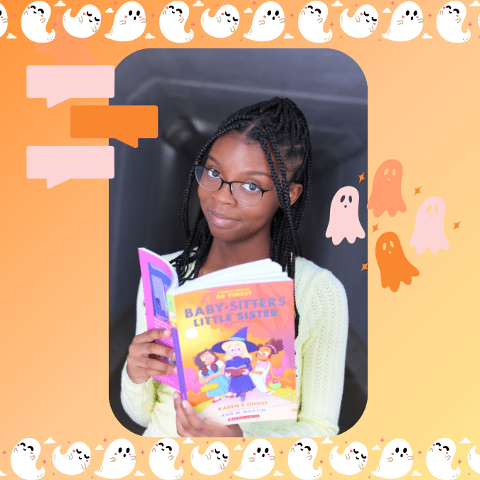 A young girl with glasses and braided hair smiles while holding the book Karens Ghost from the bestie book club. The photo has an orange border with cartoon ghosts and pink chat bubbles.