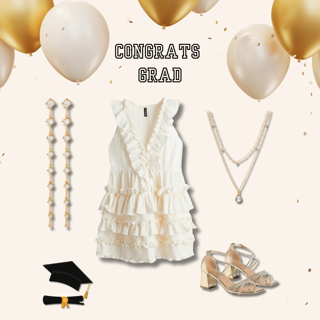 Preppy ruffled dress for graduation with accessories and strappy heels