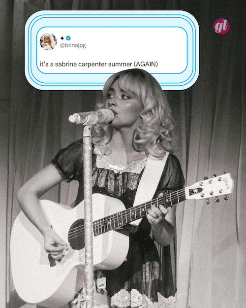 A black-and-white photo of Sabrina Carpenter performing on stage, holding a white guitar and singing into a microphone. A tweet above reads, it’s a Sabrina Carpenter summer (AGAIN)—she’s better than ever.