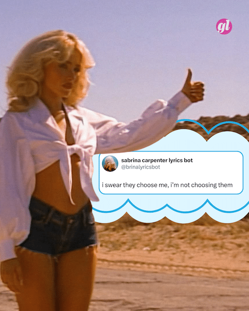 A woman with blonde hair in a white tied shirt and denim shorts stands on a road, hitchhiking with her thumb up. Overlayed is a tweet: i swear they choose me, i’m not choosing them. It’s giving Sabrina Carpenter Summer—better than ever vibes.