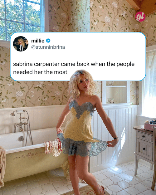 A woman in a yellow and blue lace slip dress poses in a vintage-style bathroom with floral wallpaper. A tweet above her reads: Sabrina Carpenter came back when the people needed her the most—Summer is back.