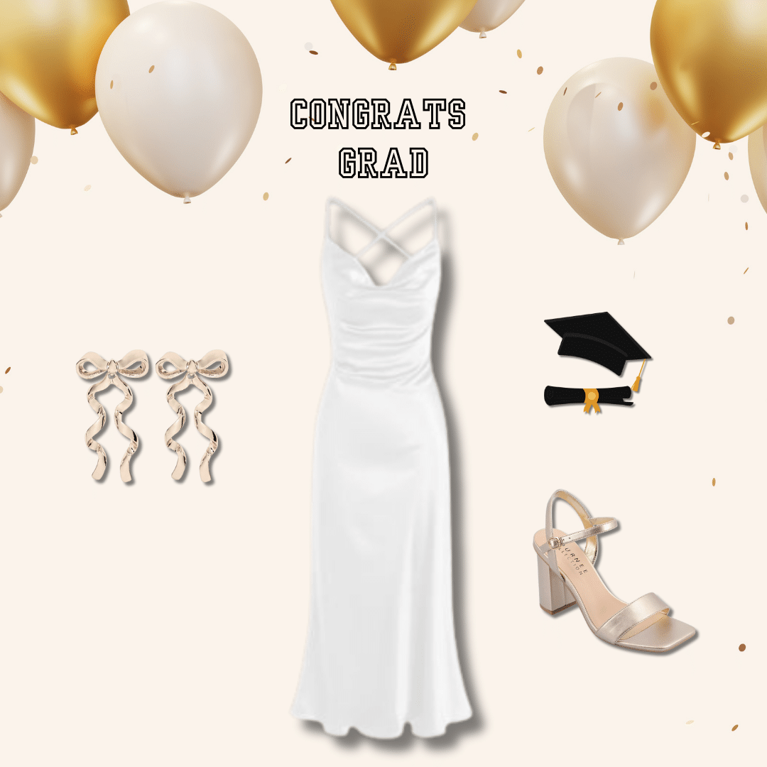 White satin midi  dress for graduation paired with gold bow earrings and gold block heels.