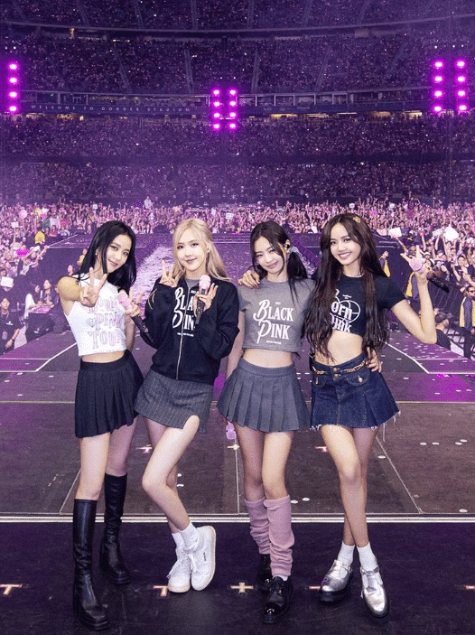 Four women stand on a large stage in front of a cheering crowd, posing and smiling in stylish outfits with skirts and boots—capturing the excitement of BLACKPINKs DEADLINE world tour. Bright lights and a packed stadium shine behind them.