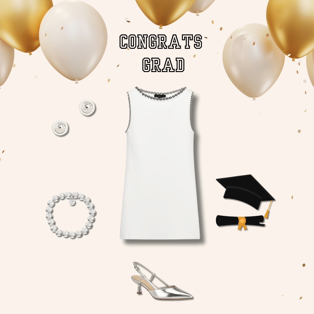 White dress with silver accents for graduation and silver jewelry with matching silver heels.