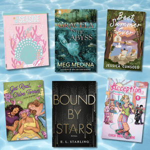 Six colorful young adult book covers are arranged in two rows on a blue water background, creating the ultimate Tropical TBR. Titles include By the Seaside, Graciela in the Abyss, Best. Summer. Ever., and more—your perfect summer book bundle to WIN!.