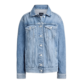 Light blue denim jacket with a classic design, perfect for casual outfits inspired by The Summer I Turned Pretty. Features a collar, silver buttons, chest pockets, long sleeves, and a slightly faded, vintage look.