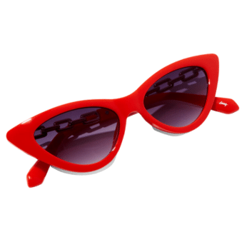 Red cat-eye sunglasses with dark lenses and a black chain detail across the top inside of the frame, perfect for adding flair to your summer outfits or recreating iconic The Summer I Turned Pretty outfits. Displayed on a white background.
