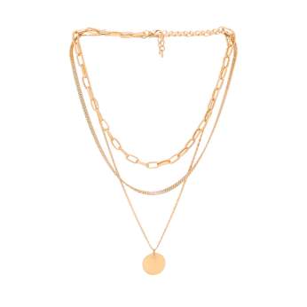 A layered gold necklace featuring three chains—perfect for summer fashion—includes large oval links, a thin curb chain, and a simple pendant disc hanging at the center. An effortless accent for The Summer I Turned Pretty outfits.