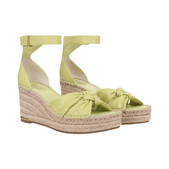 A pair of light green wedge sandals with ankle straps, knotted front detailing, and woven straw soles—perfect for summer fashion or recreating Summer I Turned Pretty outfits, displayed on a white background.