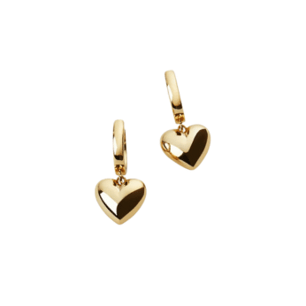 A pair of gold hoop earrings, each featuring a shiny, dangling heart-shaped charm—perfect for summer fashion or completing your The Summer I Turned Pretty outfits—displayed on a plain white background.