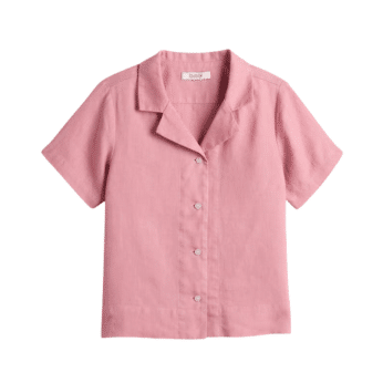 A short-sleeved, light pink button-up shirt with a notched collar, perfect for summer outfits inspired by The Summer I Turned Pretty, displayed flat against a white background.