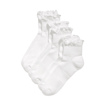 Four pairs of white ankle socks with ruffled, decorative cuffs are neatly arranged in a row on a plain background—perfect for completing The Summer I Turned Pretty inspired outfits or adding charm to your favorite summer outfits.