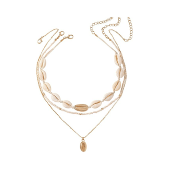 A layered necklace set featuring white cowrie shells, a gold chain, and a gold pendant with a shell imprint—perfect for summer fashion or recreating outfits inspired by The Summer I Turned Pretty, displayed on a white background.