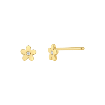A pair of gold flower-shaped stud earrings, each with five petals and a small round diamond in the center—perfect for adding a touch of summer fashion to your look, as seen in inspired outfits from The Summer I Turned Pretty.