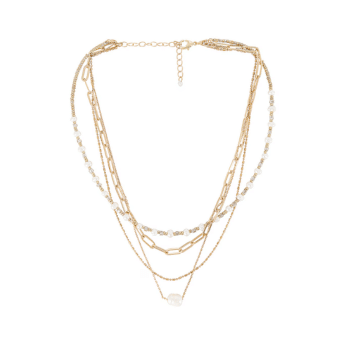Gold multi-layer necklace featuring various chain styles, including a strand of small beads, a chunky chain, and a delicate white stone pendant—perfect for elevating your summer fashion or channeling Summer I Turned Pretty outfits.