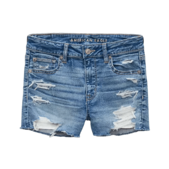 A pair of blue denim shorts with a distressed, ripped design, featuring frayed edges and visible white threads. Perfect for summer fashion or recreating The Summer I Turned Pretty outfits, these shorts have front and back pockets and a button closure.