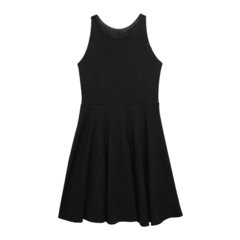 Sleeveless black dress with a fitted bodice and a flared, knee-length skirt—perfect for summer fashion outfits, displayed flat on a white background.