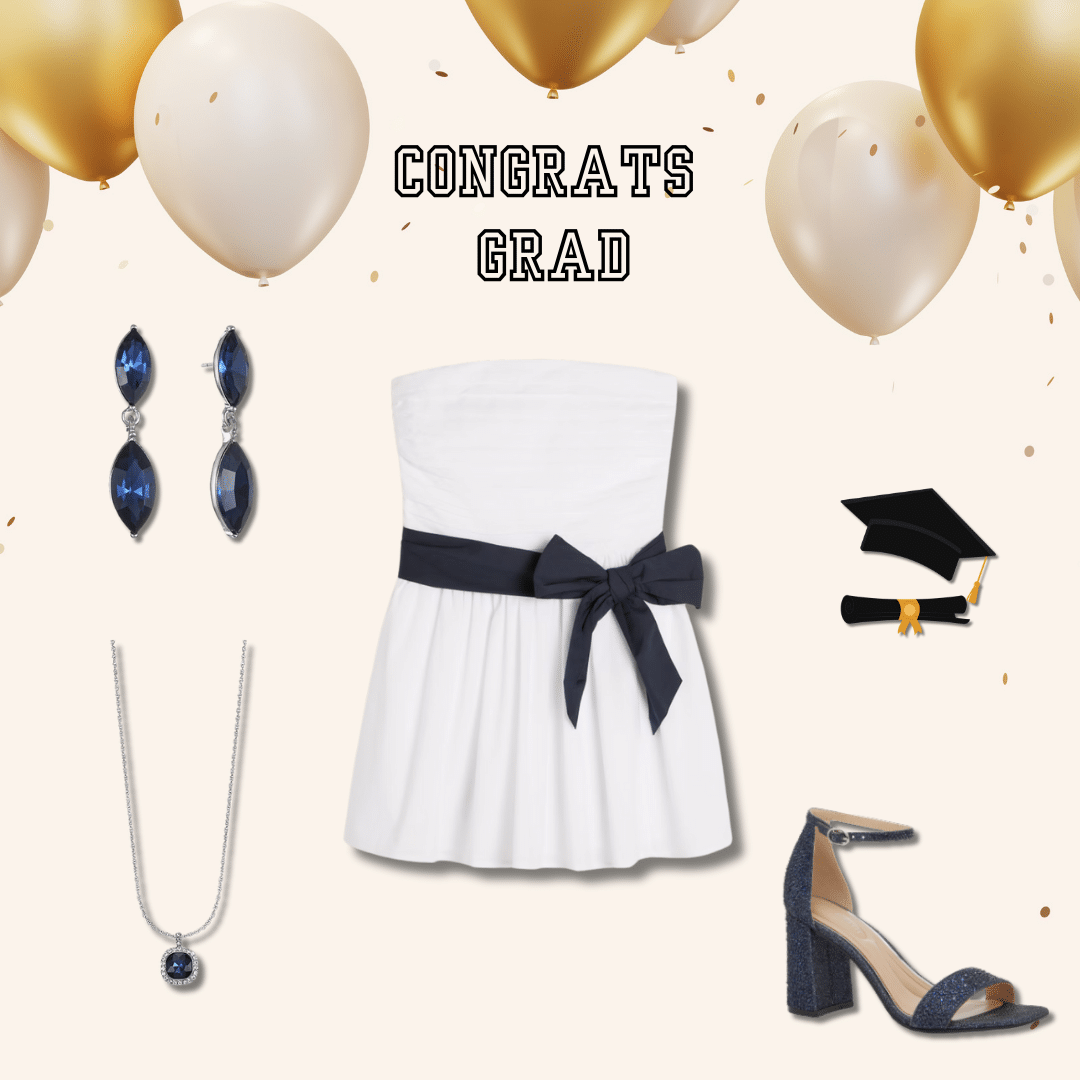 Strapless white dress with navy blue bow,  matching blue earrings and necklace, navy blue rhinestone heels, graduation style inspo.